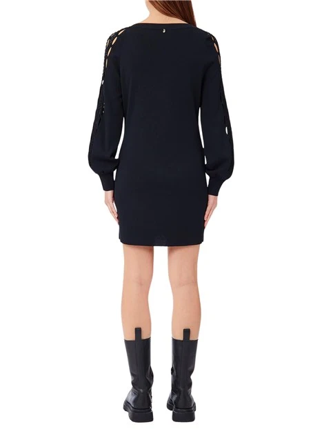 VESTITO CORTO TRAFORATO CON PERLINE BAGUETTE SU TONO DONNA NERO