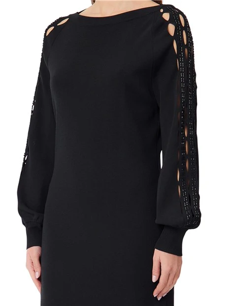 VESTITO CORTO TRAFORATO CON PERLINE BAGUETTE SU TONO DONNA NERO