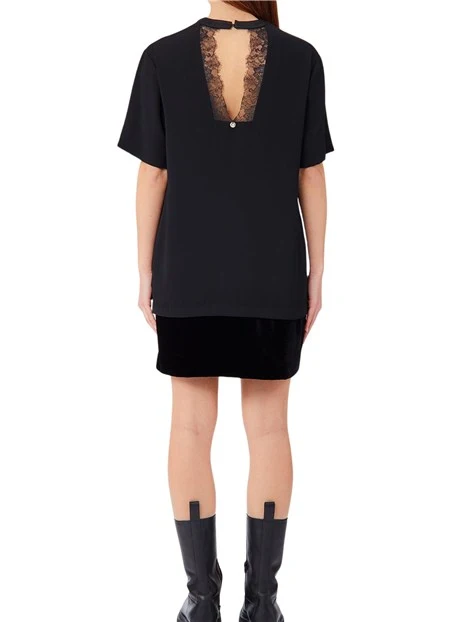 VESTITO CORTO A TUNICA CON INSERTO IN PIZZO DONNA NERO