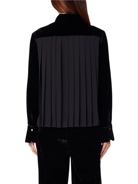 CAMICIA BI-MATERIALE CON PLISSE SU RETRO DONNA NERO