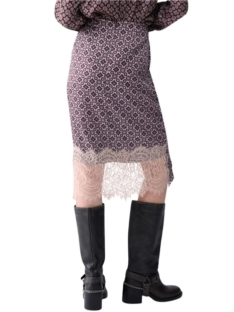 GONNA MIDI LONGUETTE CON DRAPPEGGI E DETTAGLI IN PIZZO DONNA MELANZANA