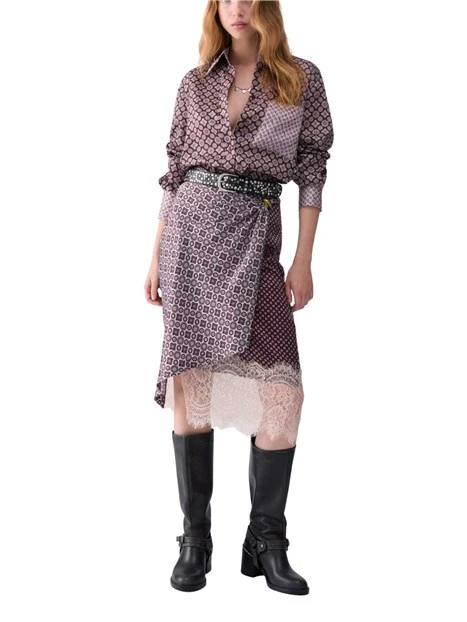 GONNA MIDI LONGUETTE CON DRAPPEGGI E DETTAGLI IN PIZZO DONNA MELANZANA