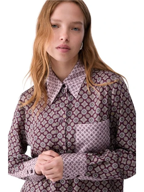 CAMICIA IN TWILL STAMPATO GEOMETRICO CON TASCHINO E DETTAGLI A CONTRASTO DONNA MELANZANA