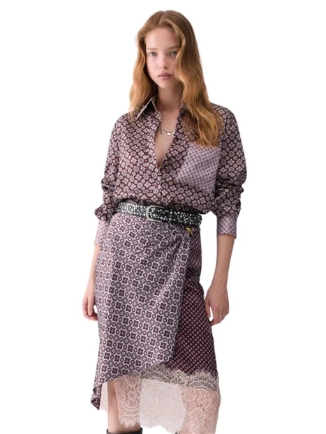CAMICIA IN TWILL STAMPATO GEOMETRICO CON TASCHINO E DETTAGLI A CONTRASTO DONNA MELANZANA