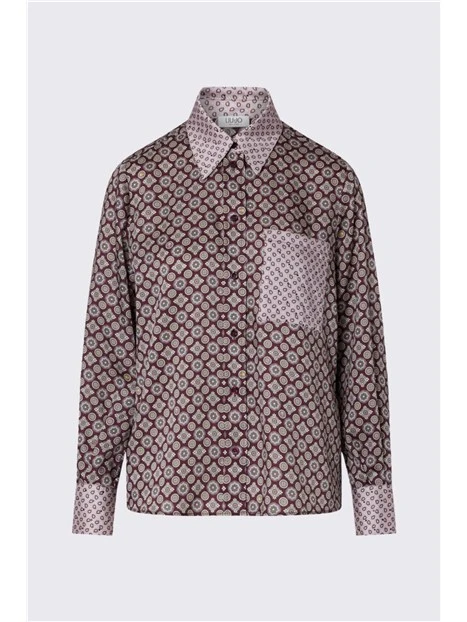 CAMICIA IN TWILL STAMPATO GEOMETRICO CON TASCHINO E DETTAGLI A CONTRASTO DONNA MELANZANA