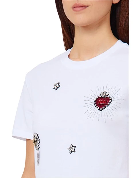 T-SHIRT MANICHE CORTE CON APPLICAZIONI GIOIELLO DONNA BIANCO