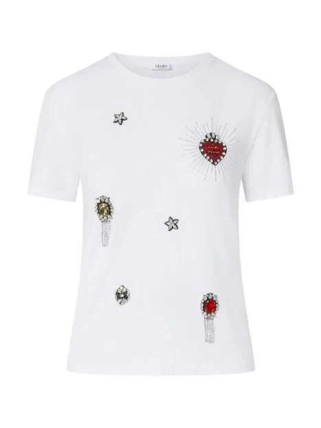 T-SHIRT MANICHE CORTE CON APPLICAZIONI GIOIELLO DONNA BIANCO