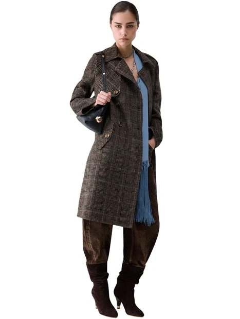 CAPPOTTO LUNGO IN PANNO DOUBLE IN MISTO LANA DONNA CAMEL CHECK