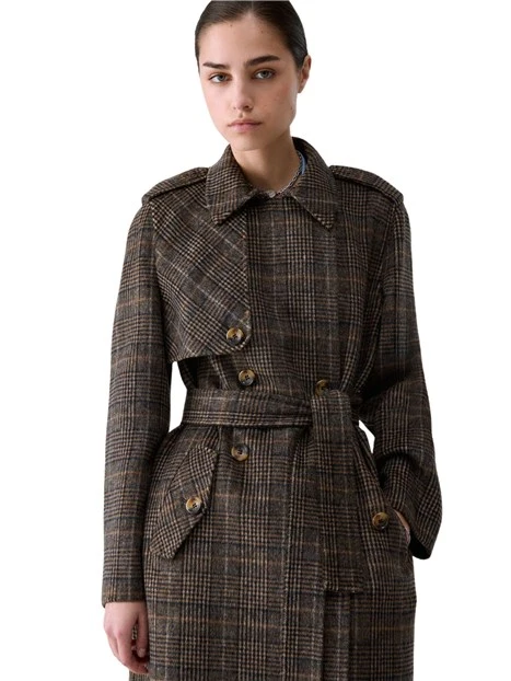 CAPPOTTO LUNGO IN PANNO DOUBLE IN MISTO LANA DONNA CAMEL CHECK