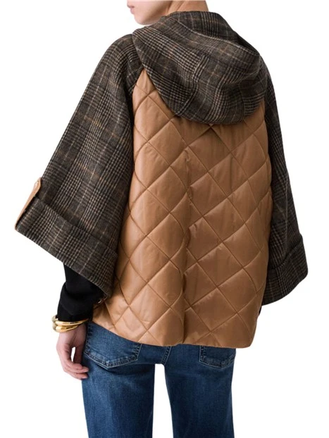 CAPPA IN PANNO CON RETRO IN NYLON MATELASSÉ E CAPPUCCIO DONNA CAMEL CHECK