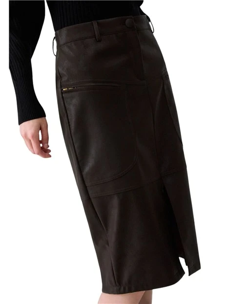 GONNA LUNGA MIDI IN TESSUTO SPALMATO A TUBINO DONNA MARRONE