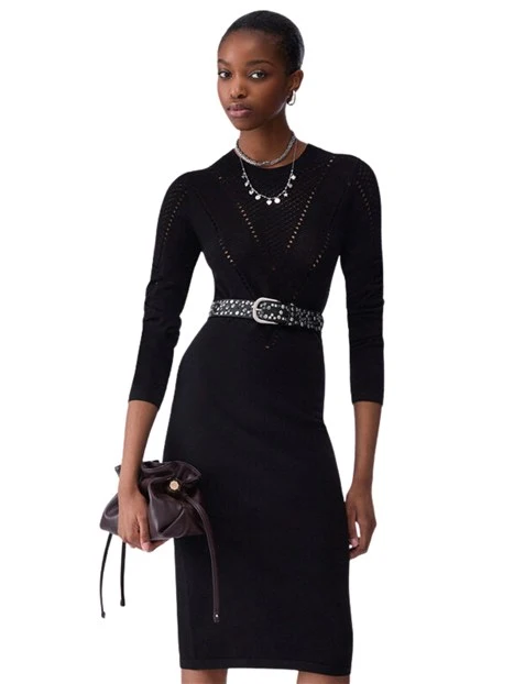 VESTITO LUNGO IN MAGLIA CON DETTAGLI TRAFORATI DONNA NERO