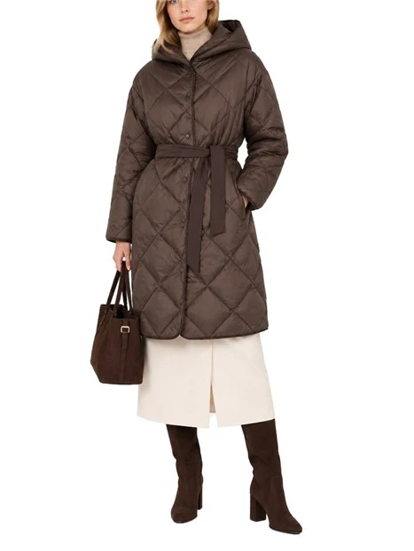 PIUMINO MIDI REVERSIBILE CON CAPPUCCIO E CINTURA DONNA MARRONE