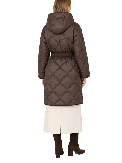 PIUMINO MIDI REVERSIBILE CON CAPPUCCIO E CINTURA DONNA MARRONE
