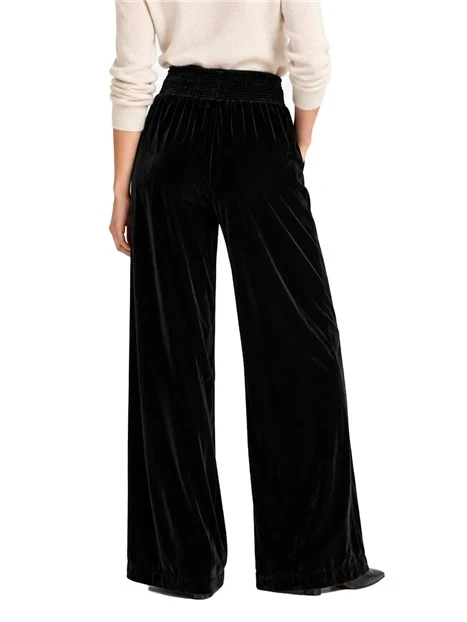 PANTALONI PALAZZO IN VELLUTO CON VITA SMOCK DONNA NERO