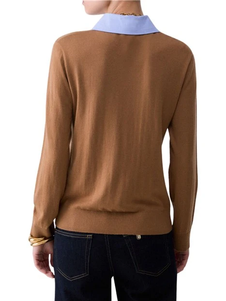 MAGLIA GIROCOLLO CON COLLETTO IN POPELINE DONNA BEIGE
