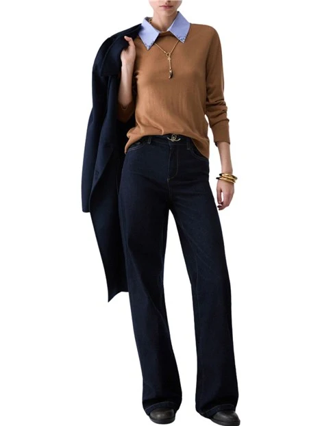 MAGLIA GIROCOLLO CON COLLETTO IN POPELINE DONNA BEIGE