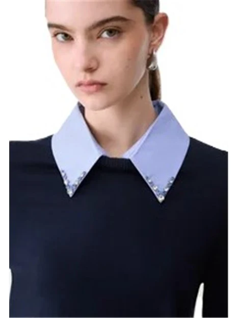 MAGLIA GIROCOLLO CON COLLETTO IN POPELINE DONNA BLU NOTTE