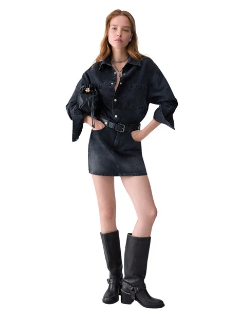 VESTITO CORTO IN DENIM CON CINTURA DONNA NERO DENIM