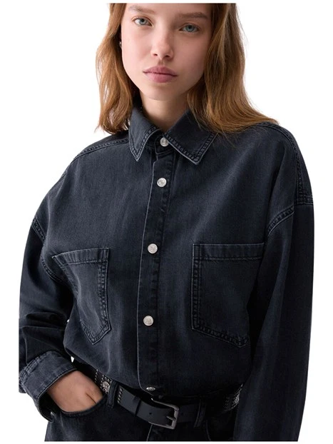 VESTITO CORTO IN DENIM CON CINTURA DONNA NERO DENIM