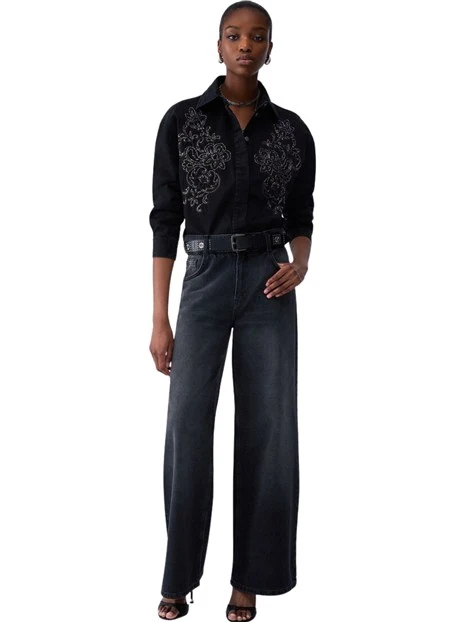 JEANS A ZAMPA CON CINTURA DONNA NERO DENIM