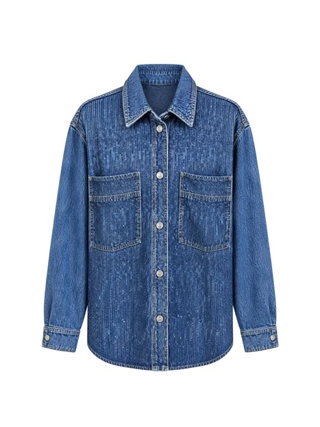 CAMICIA DENIM CON STRASS ANIMALIER DONNA BLU DENIM