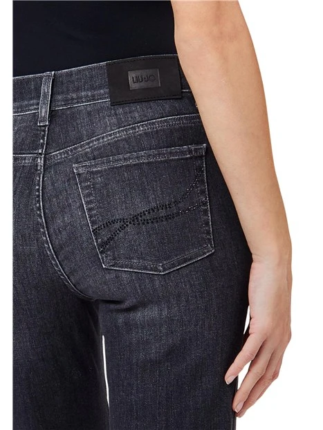 JEANS CROPPED CON STRASS SU TASCHE POSTERIORI DONNA NERO DENIM