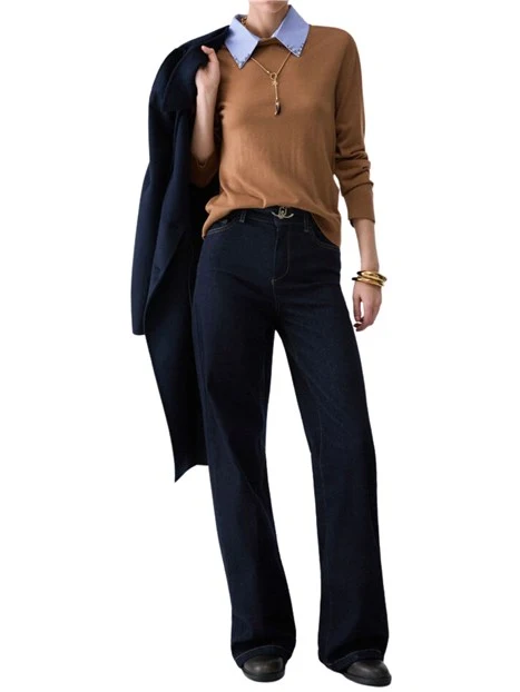JEANS A ZAMPA CON CINTURA ABBINATA DONNA BLU SCURO DENIM