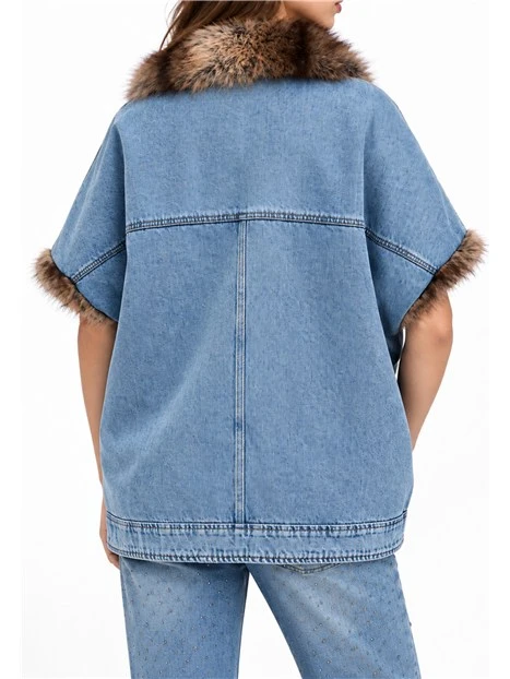 GILET IN DENIM CON COLLETTO IN PELLICCIA SINTETICA DONNA BLU
