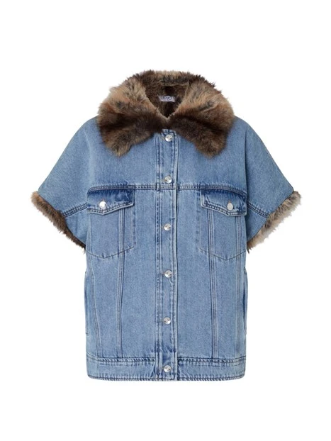 GILET IN DENIM CON COLLETTO IN PELLICCIA SINTETICA DONNA BLU