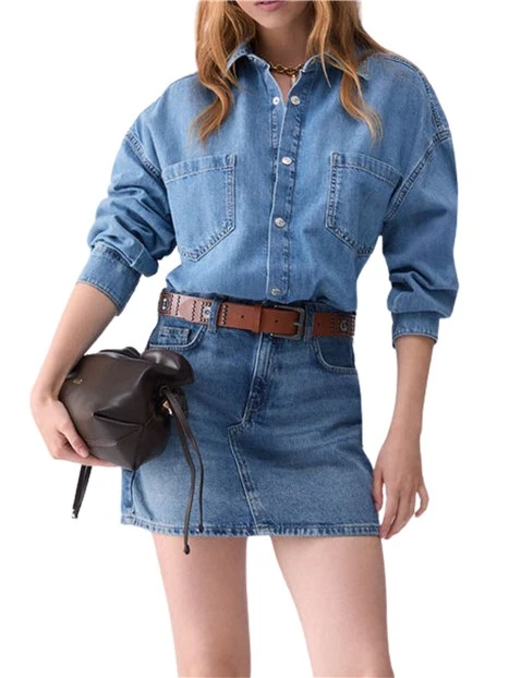 VESTITO CORTO IN DENIM CON CINTURA DONNA BLU DENIM