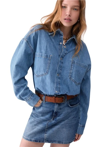 VESTITO CORTO IN DENIM CON CINTURA DONNA BLU DENIM