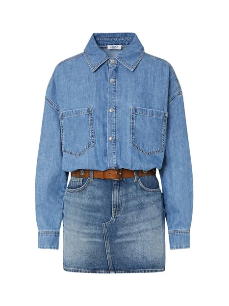 VESTITO CORTO IN DENIM CON CINTURA DONNA BLU DENIM