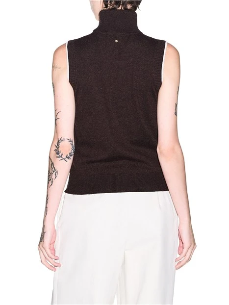 TOP IN MAGLIA CON COLLO ALTO SENZA MANICHE DONNA MARRONE