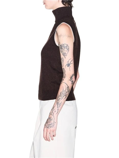 TOP IN MAGLIA CON COLLO ALTO SENZA MANICHE DONNA MARRONE