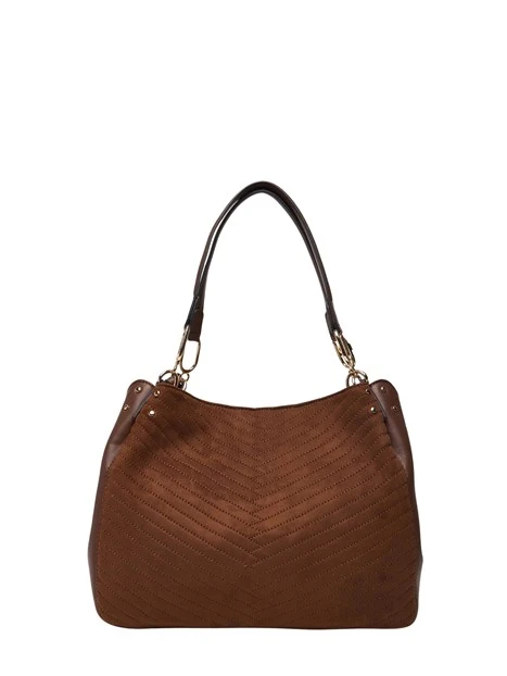 BORSA A SPALLA SATCHEL IN ECOCAMOSCIO TRAPUNTATO DONNA MARRONE
