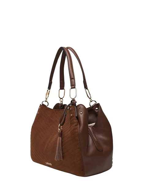 BORSA A SPALLA SATCHEL IN ECOCAMOSCIO TRAPUNTATO DONNA MARRONE
