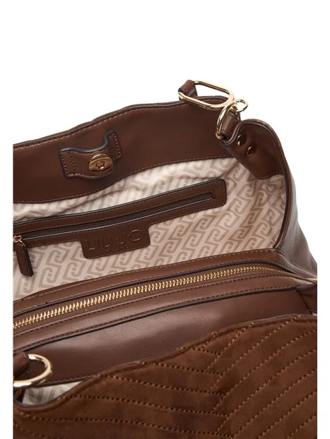 BORSA A SPALLA SATCHEL IN ECOCAMOSCIO TRAPUNTATO DONNA MARRONE