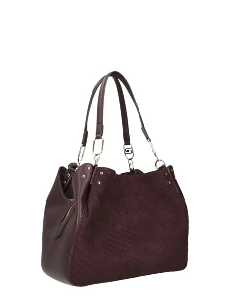 BORSA A SPALLA SATCHEL IN ECOCAMOSCIO TRAPUNTATO DONNA BORDEAUX