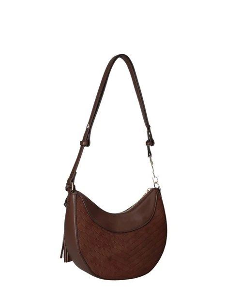 BORSA A SPALLA HOBO IN ECOCAMOSCIO TRAPUNTATO DONNA MARRONE