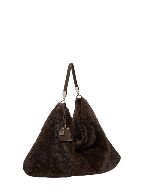BORSA A SPALLA IN PELLICCIA SINTETICA TRAPUNTATA DONNA MARRONE