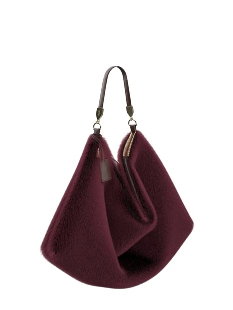 BORSA A SPALLA IN PELLICCIA SINTETICA A PELO LUNGO DONNA BORDEAUX