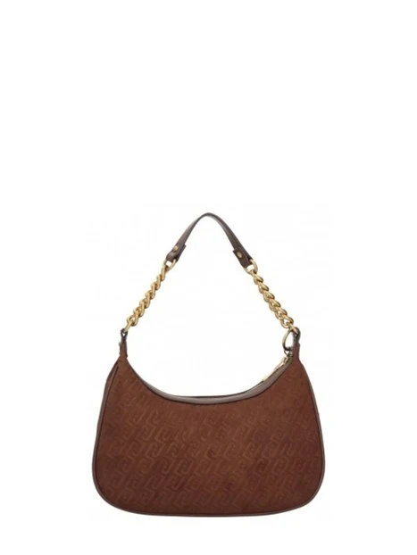 BORSA A SPALLA HOBO IN ECOCAMOSCIO CON MOTIVO LOGO DONNA MARRONE