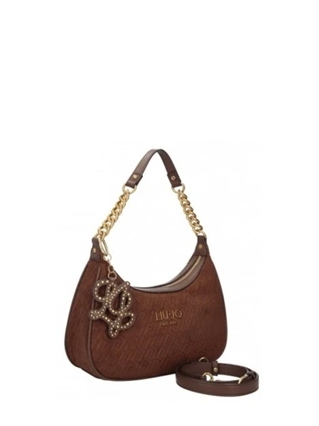 BORSA A SPALLA HOBO IN ECOCAMOSCIO CON MOTIVO LOGO DONNA MARRONE