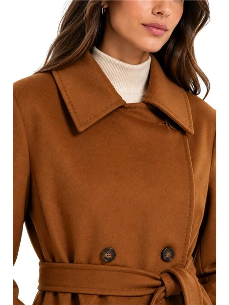 CAPPOTTO LUNGO IN LANA CON CINTURA E SPACCO SUL RETRO DONNA CUOIO