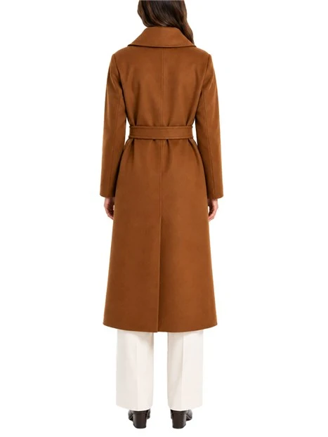 CAPPOTTO LUNGO IN LANA CON CINTURA E SPACCO SUL RETRO DONNA CUOIO