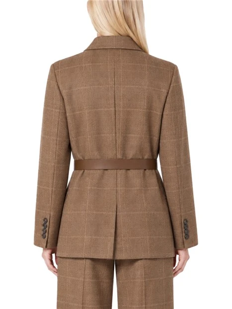 BLAZER MONOPETTO IN FLANELLA DI LANA CON CINTURA DONNA MARRONE