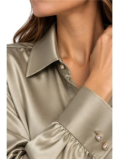 CAMICIA IN RASO DI PURA SETA CON BOTTONI GIOIELLO DONNA VERDE