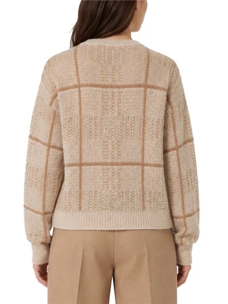 MAGLIA GIROCOLLO BOXY JACQUARD CHECK CON PAILLETTE DONNA BEIGE