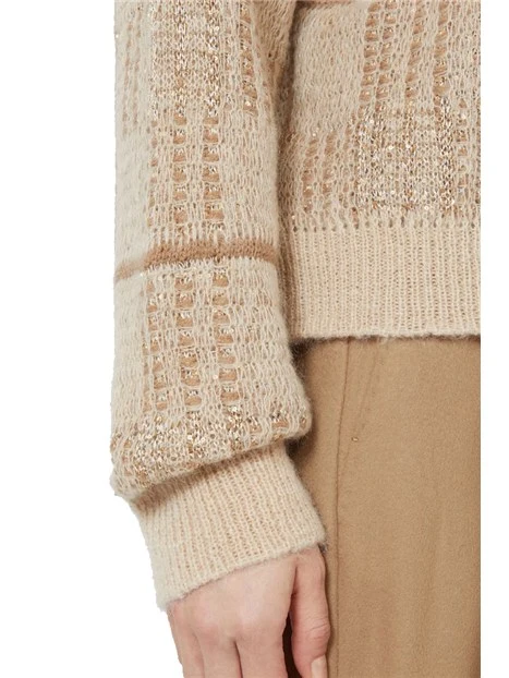 MAGLIA GIROCOLLO BOXY JACQUARD CHECK CON PAILLETTE DONNA BEIGE